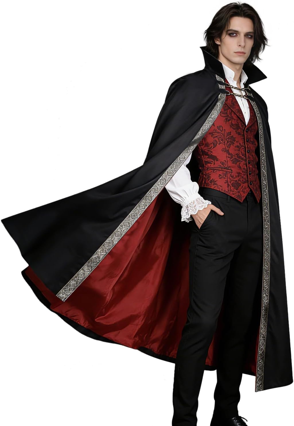 L'VOW Gothic Vampire Cape with Stand-Up Collar Medieval Red Lined Cloak