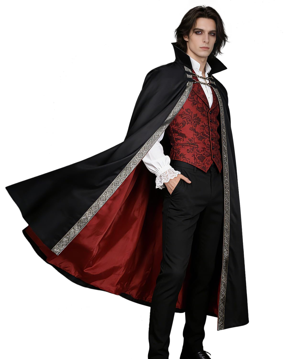L'VOW Gothic Vampire Cape with Stand-Up Collar Medieval Red Lined Cloak