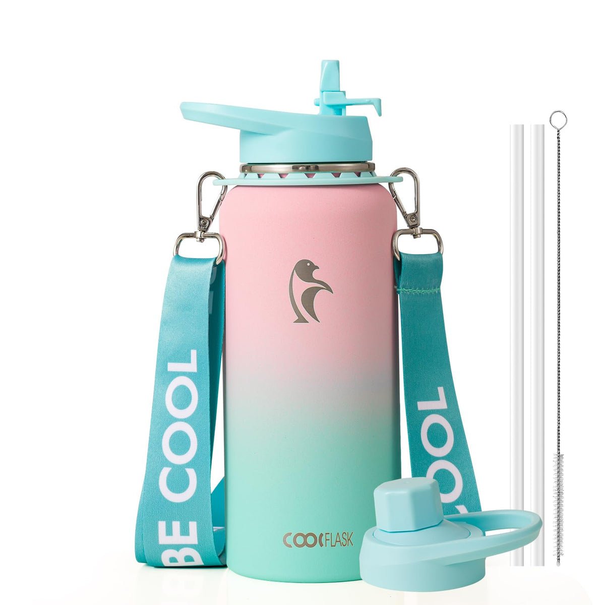 Coolflask Water Bottle with Straw, 40 oz Insulated Metal Water Flask with Straw & Spout Lids, Stainless Steel Double Wall Vacuum, Keep Cold 48h Hot 24h, Leak Proof, BPA-Free, Apricot Pink