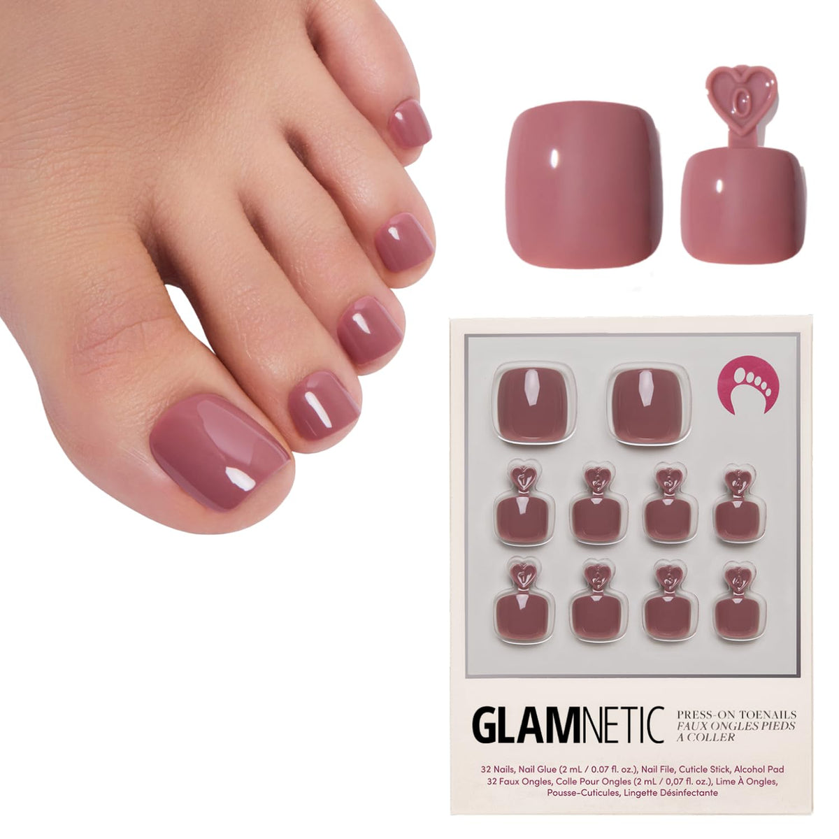 Glamnetic Press On Toenails - Natural Fake Nails | Cherry Red Chrome Press On Toenails, Salon Quality Press On Nails Kit with Glue | Cherry Glaze - 32 Nail Set in 16 Sizes
