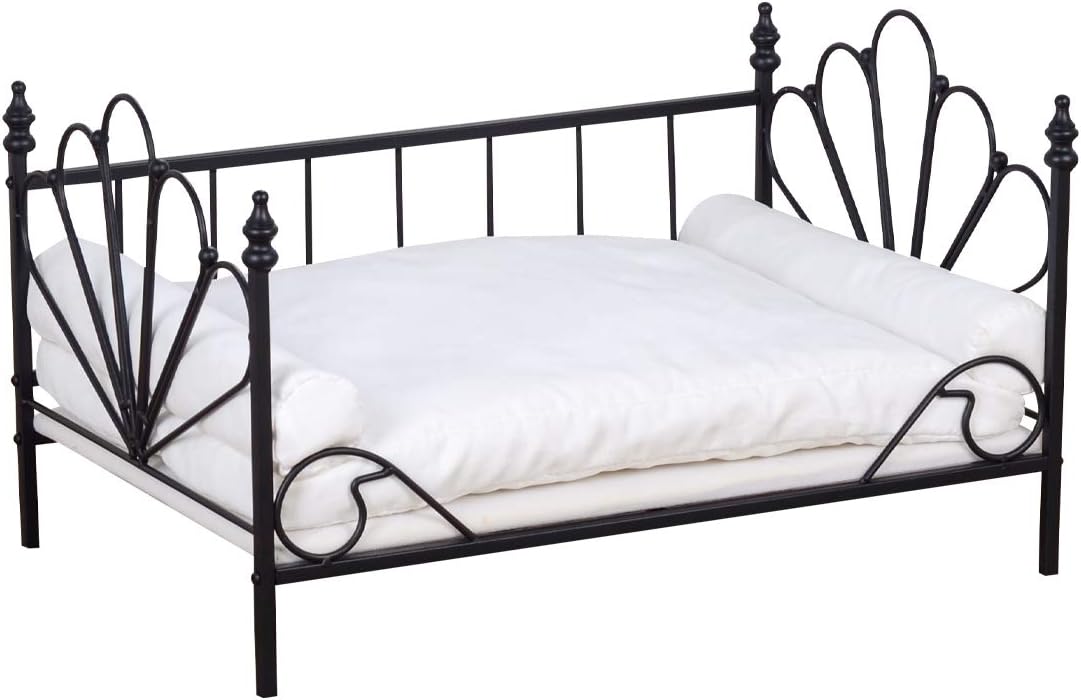 Babyland Bed for Dog, Pet Couch Bed with Metal Frame and Detached White Velvet Cushion with 2 Pillow for Small Pet