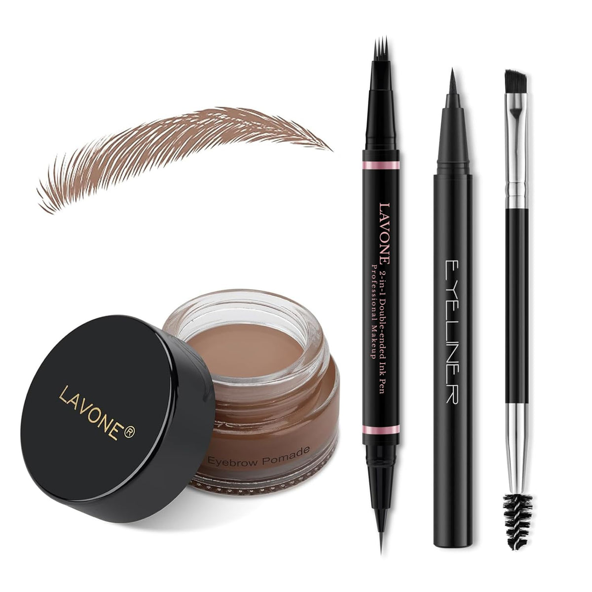 LAVONE Eyebrow Pen Makeup Kit, with Waterproof Eyebrow Pencil, Eyeliner, Pomade, and Brow Brush, Smudge-Proof and Long Lasting, Create Full and Natural Brows, Dark Brown