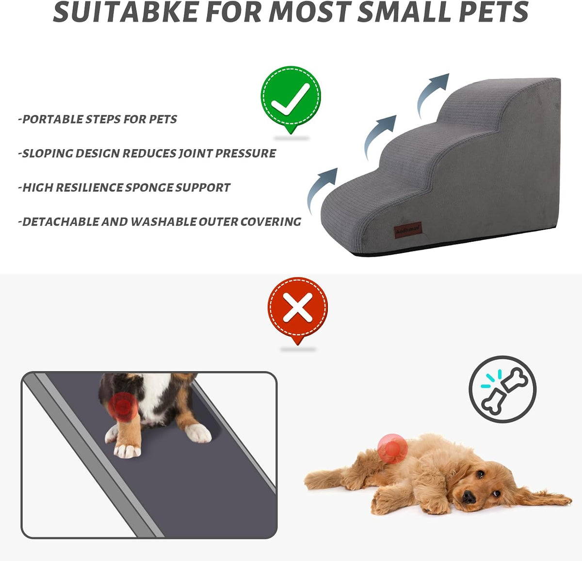 Aodisman Dog Stairs for Small Dogs and Cats,3-Step Pet Ramp for Bed & Couch | 15.7" H Non-Slip Sturdy Dog Steps with Curved Ramp for Senior,Short-Legged Dogs,Puppy and Cats to Reach Sofa or Chair,Grey