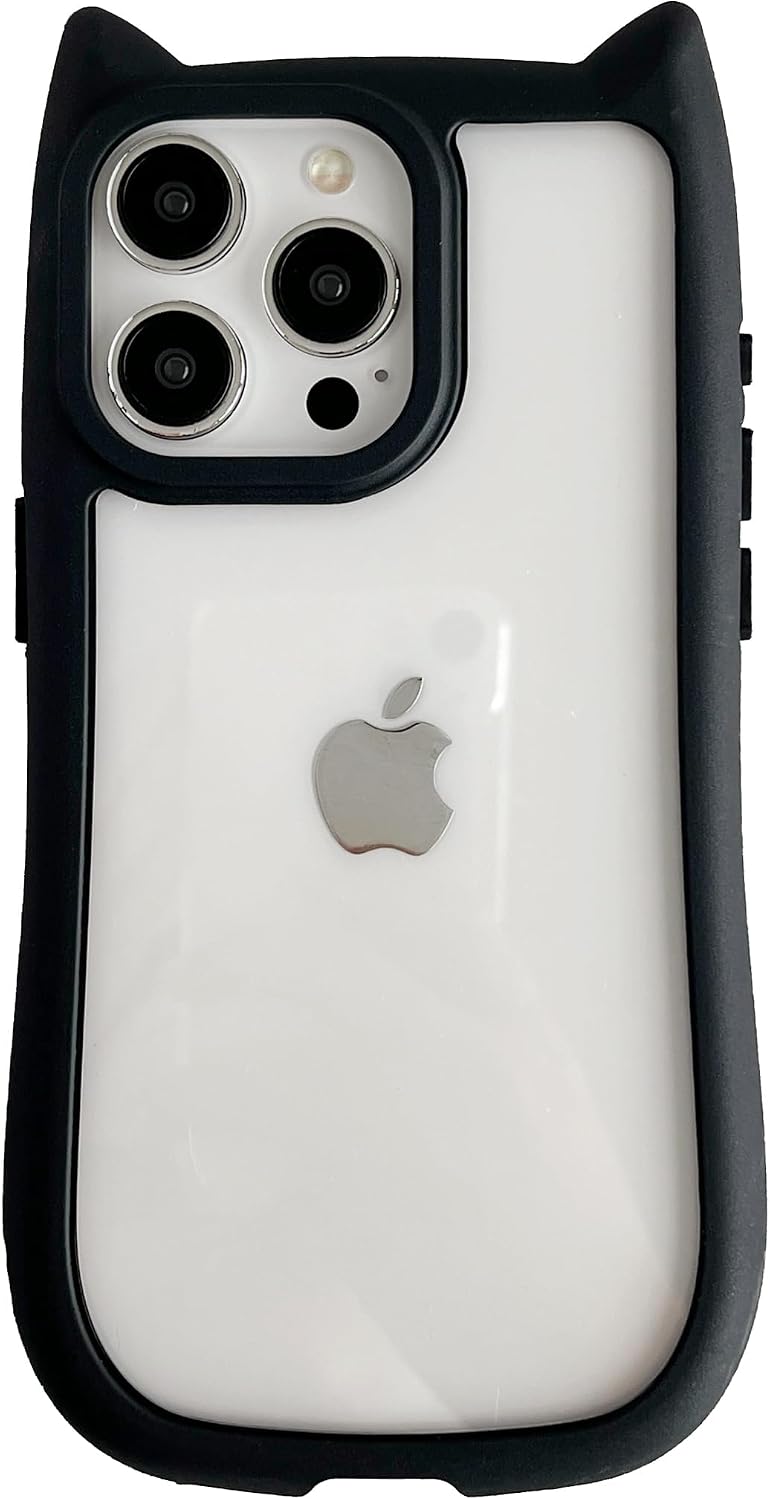 FLIRACON Cute Cat Ears Clear Phone Case Compatible with iPhone Case (Black,for iPhone 15)