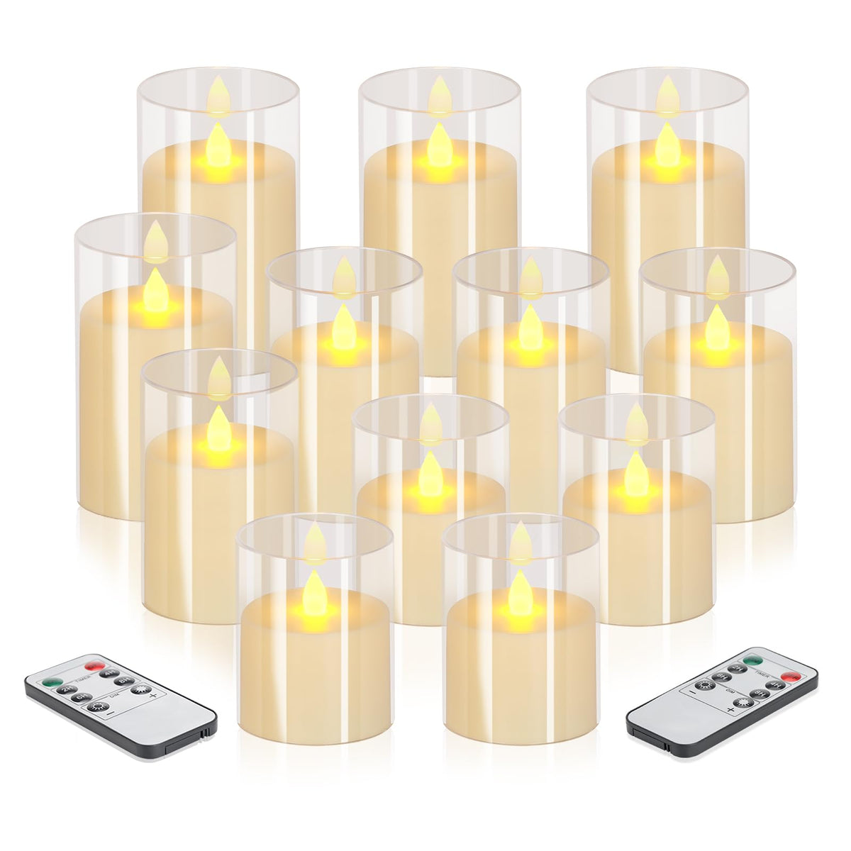 wemarry Flameless Candles 4" 5" 6" Acrylic Glass Pillars 3" Diameter Battery Operated Flickering Candles Include 8-Key Remote with Timer Function 400+ Hours (Gray, Warm Light 3 Pack)