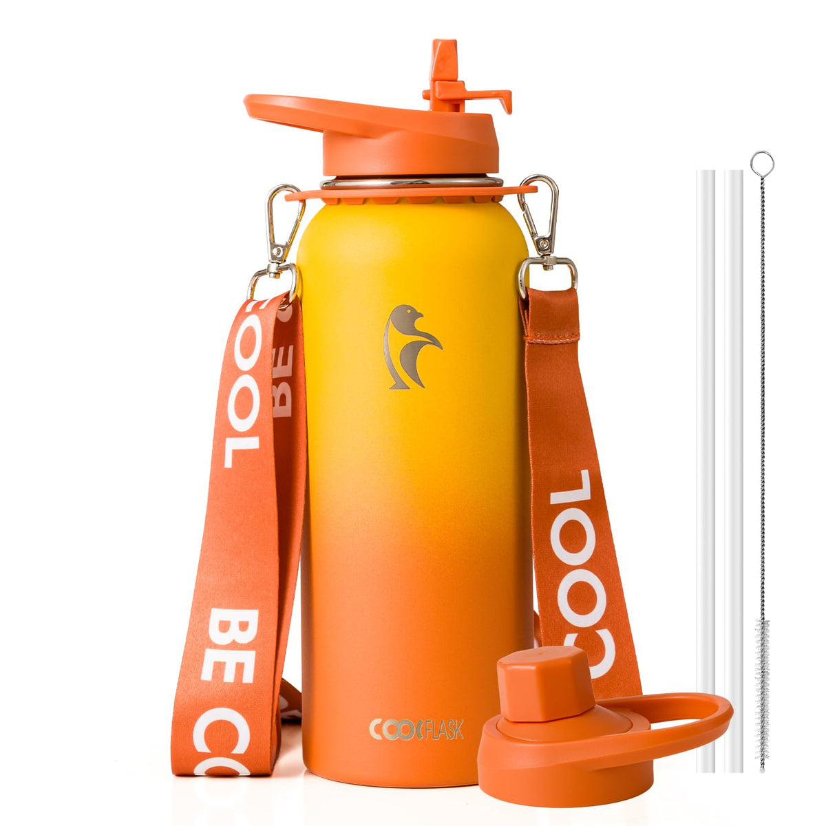 Coolflask Water Bottle with Straw, 40 oz Insulated Metal Water Flask with Straw & Spout Lids, Stainless Steel Double Wall Vacuum, Keep Cold 48h Hot 24h, Leak Proof, BPA-Free, Apricot Pink