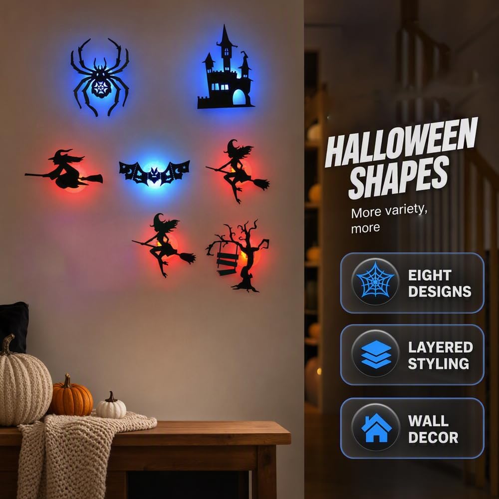Halloween LED Wall Decor Lights 3D Bat Witch Stickers Window Clings (Black)