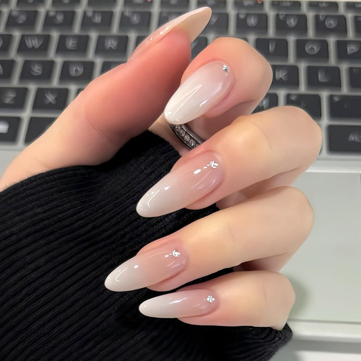 Stilettos Press on Nails White French Tip False Nails Glossy Extra Long Natural Glue on Nail Reusable Artificial Acrylic Stick on Nail for Women