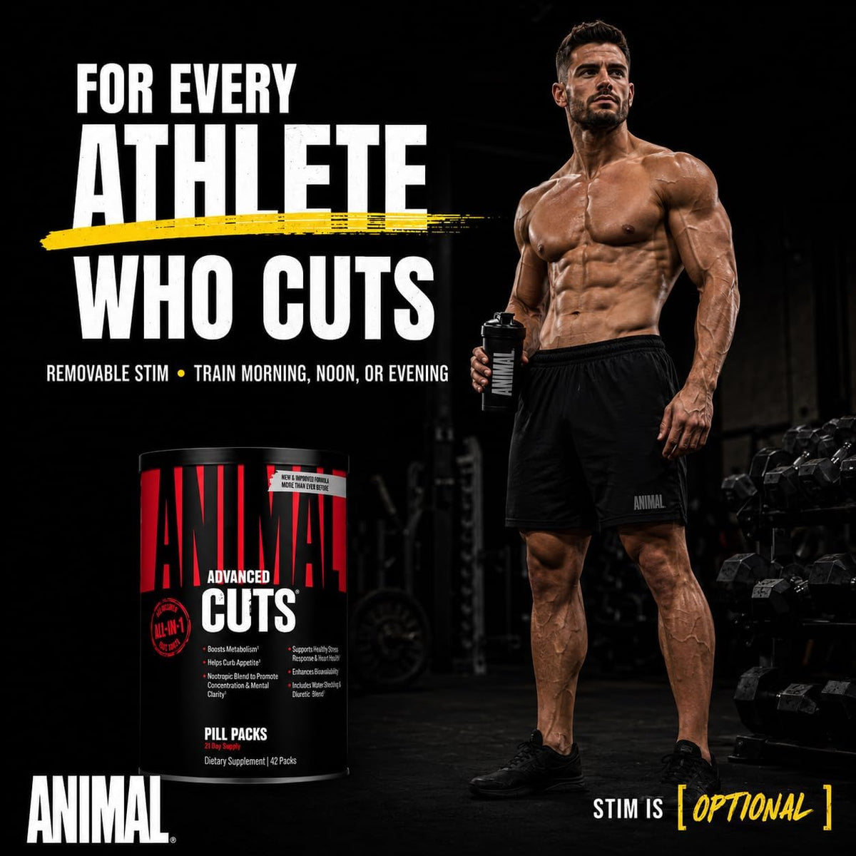 Animal Cuts All-in-1 Thermogenic Fat Burner - 25-Ingredient Cutting Stack with Removable Stim Pill, for Men & Women Athletes - Boosts Metabolism, Curbs Appetite, Sharpens Focus, 42 Pill Packs