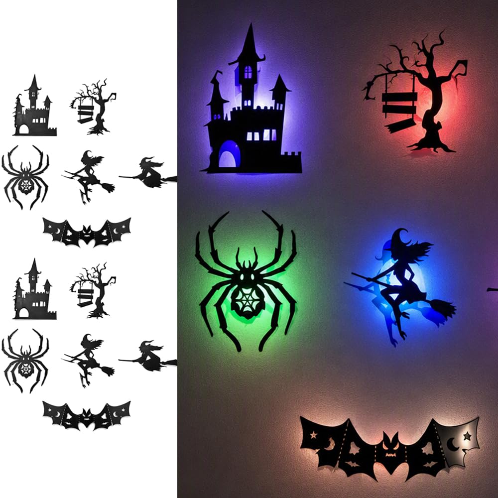 Halloween LED Wall Decor Lights 3D Bat Witch Stickers Window Clings (Black)
