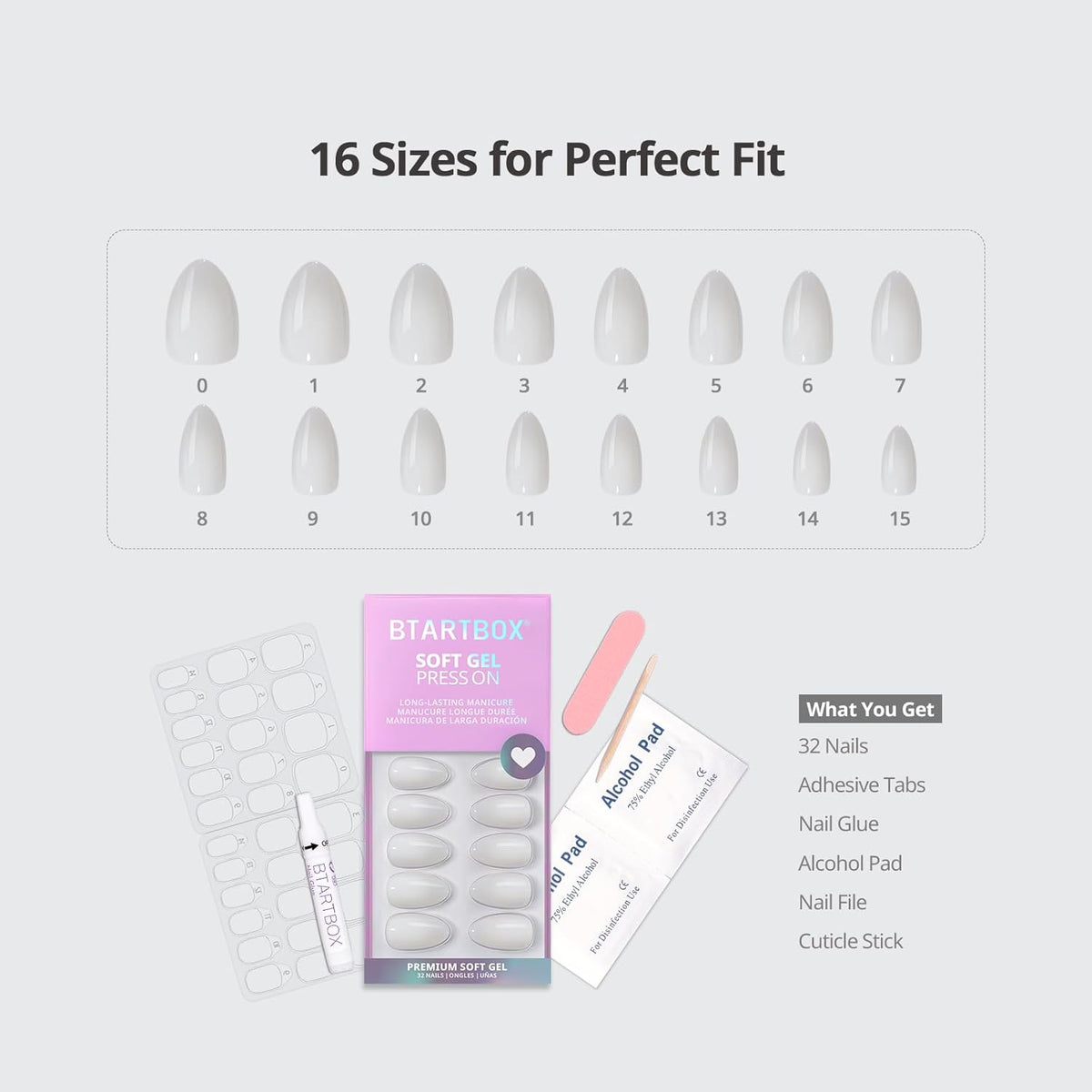 BTArtbox Press On Nails, Cream Puff, Short Almond, Ombre Off White, 32Ct | 2+ Weeks Wear, Salon-Quality Natural Nails, 10-Minute Easy Daily Application, Fast Removal, 16 Sizes, All-in-One Complete Kit