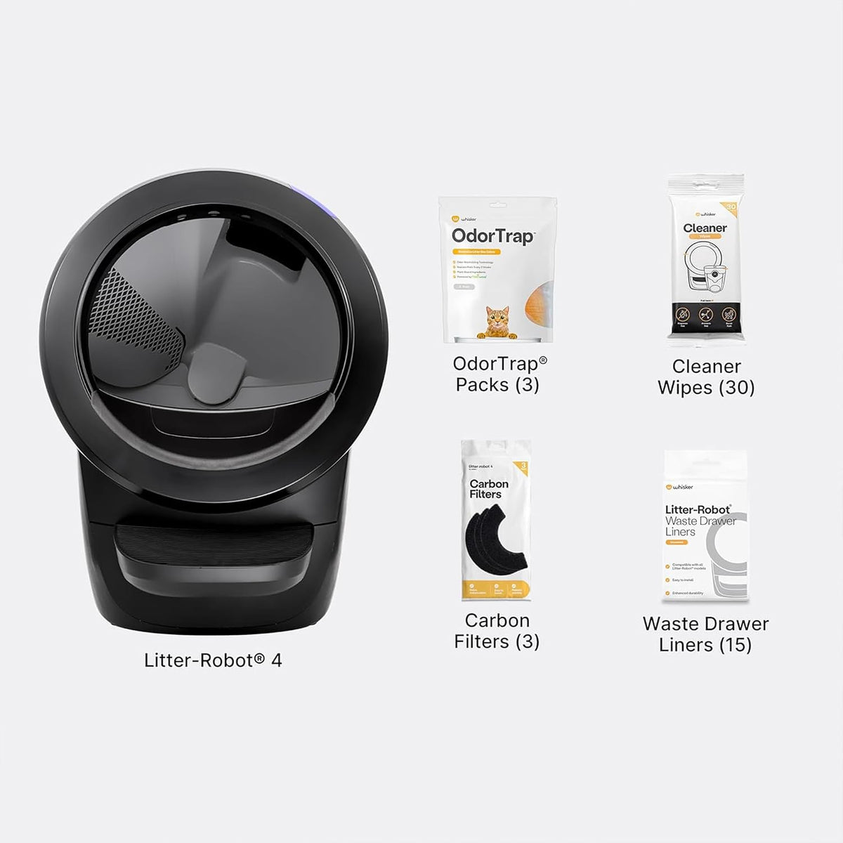 Litter-Robot 4 Supply Bundle by Whisker, Black - Automatic | Automatic, Self-Cleaning Cat Litter Box, Includes 3 OdorTrap Refills, 10 Liners, 30 Cleaner Wipes, & 2 Carbon Filters