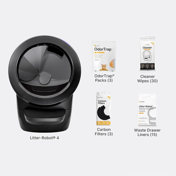 Litter-Robot 4 Supply Bundle by Whisker, Black - Automatic | Automatic, Self-Cleaning Cat Litter Box, Includes 3 OdorTrap Refills, 10 Liners, 30 Cleaner Wipes, & 2 Carbon Filters