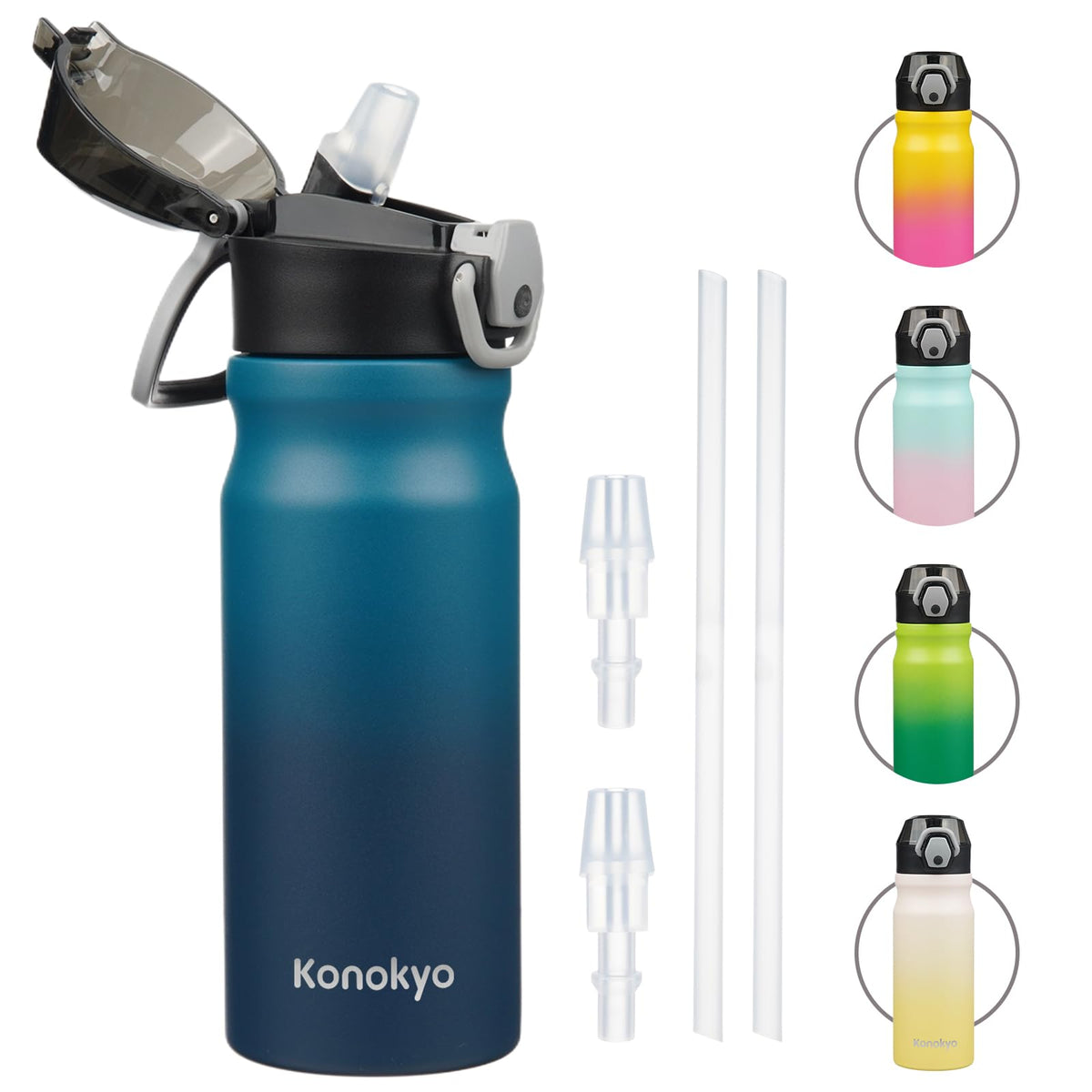 Konokyo 18 oz Insulated Water Bottle with Straw Lid, Stainless Steel Vacuum Sports Water Bottle, Leak-Proof Reusable Metal Flask with Carry Loop, BPA-Free Travel Bottle for Gym, School, Office