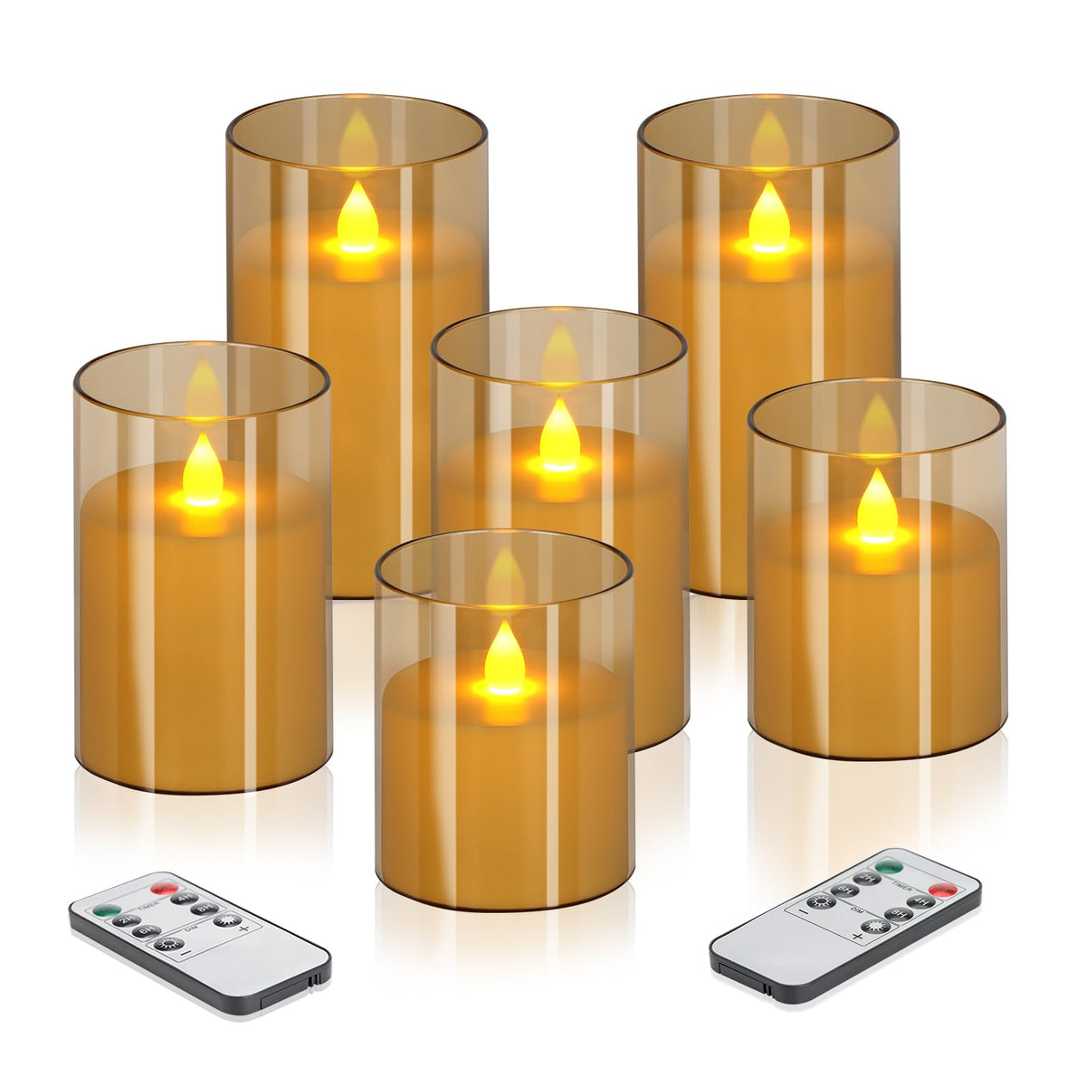 wemarry Flameless Candles 4" 5" 6" Acrylic Glass Pillars 3" Diameter Battery Operated Flickering Candles Include 8-Key Remote with Timer Function 400+ Hours (Gray, Warm Light 3 Pack)