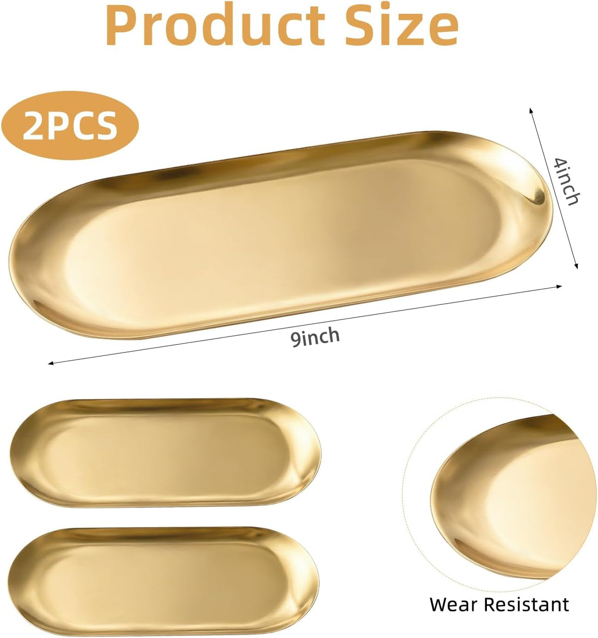2 Pcs Gold Stainless Steel Decorative Trays, 9" Perfume Trays for Bathroom