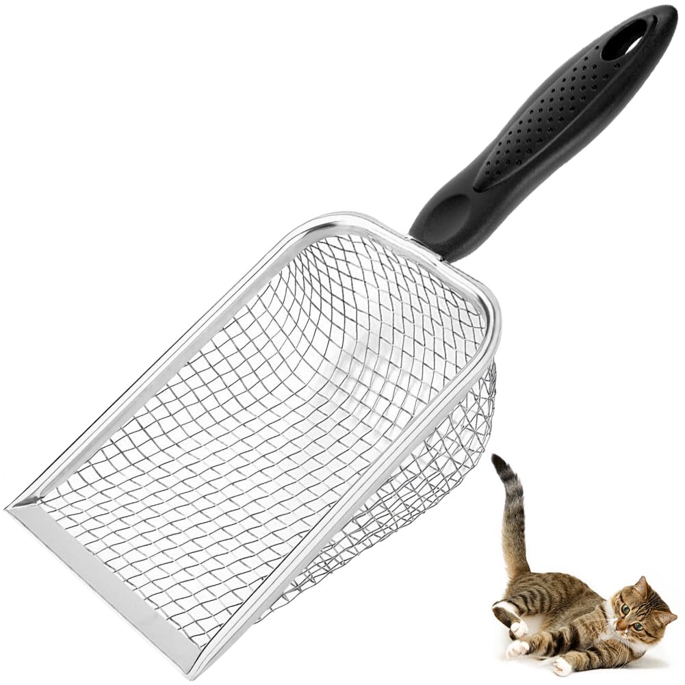 Cat Litter Scoop - Stainless Steel Metal Cat Litter Scoop-Kitty Metal Scooper-Sturdy Mesh Scooper - Mesh Shovel-Easy to Clean - Suitable for Cat Litter Box - Light Black