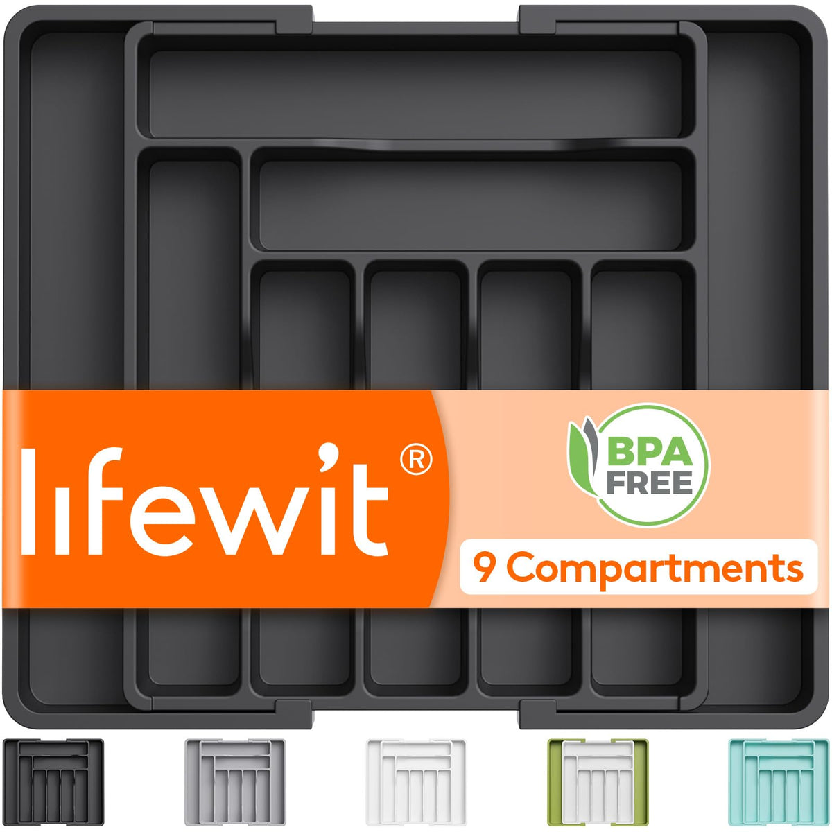 Lifewit Expandable Silverware Organizer, Plastic Utensil Tray for Kitchen Drawer, BPA Free Flatware Cutlery Holder, Space-Saving Storage for Spoons Forks Knives, 8-13.8 x 11.2 x 1.4 inch, Black