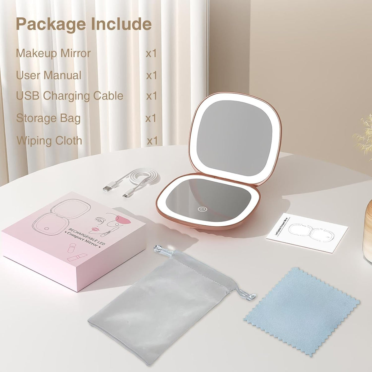 Travel Makeup Mirror with Light, 10X/1X Magnifying Compact Mirror for Purse, Portable Double Sided Folding Pocket Size, Dimmable LED & USB Rechargeable(Rose Gold)