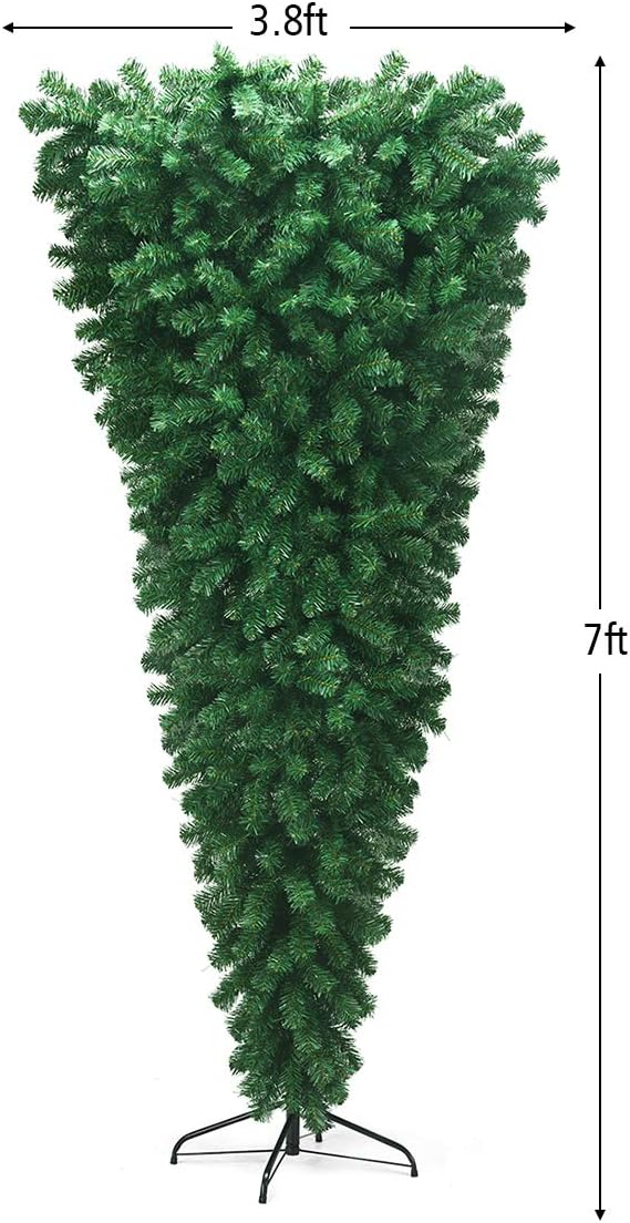 Goplus 7ft Upside Down Christmas Tree, Artificial Xmas Tree with Metal Stand, 1000 Branch Tips, Green Inverted PVC Tree for Indoor Outdoor Holiday Decoration