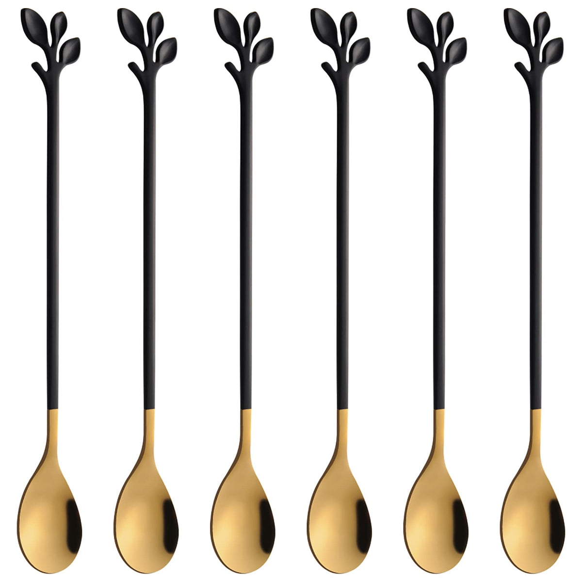AnSaw 6-Piece Elegant Gold Leaf Long Handle Teaspoons - 7.4"