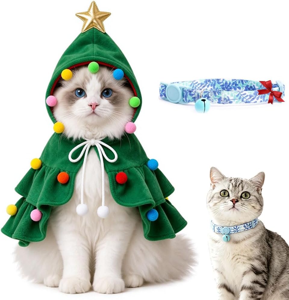 Pet Christmas Tree Hooded Cloak Costume for Cats Small Dogs with a Collar (Christmas Tree with a Collar-Green, S(3-5 lb))
