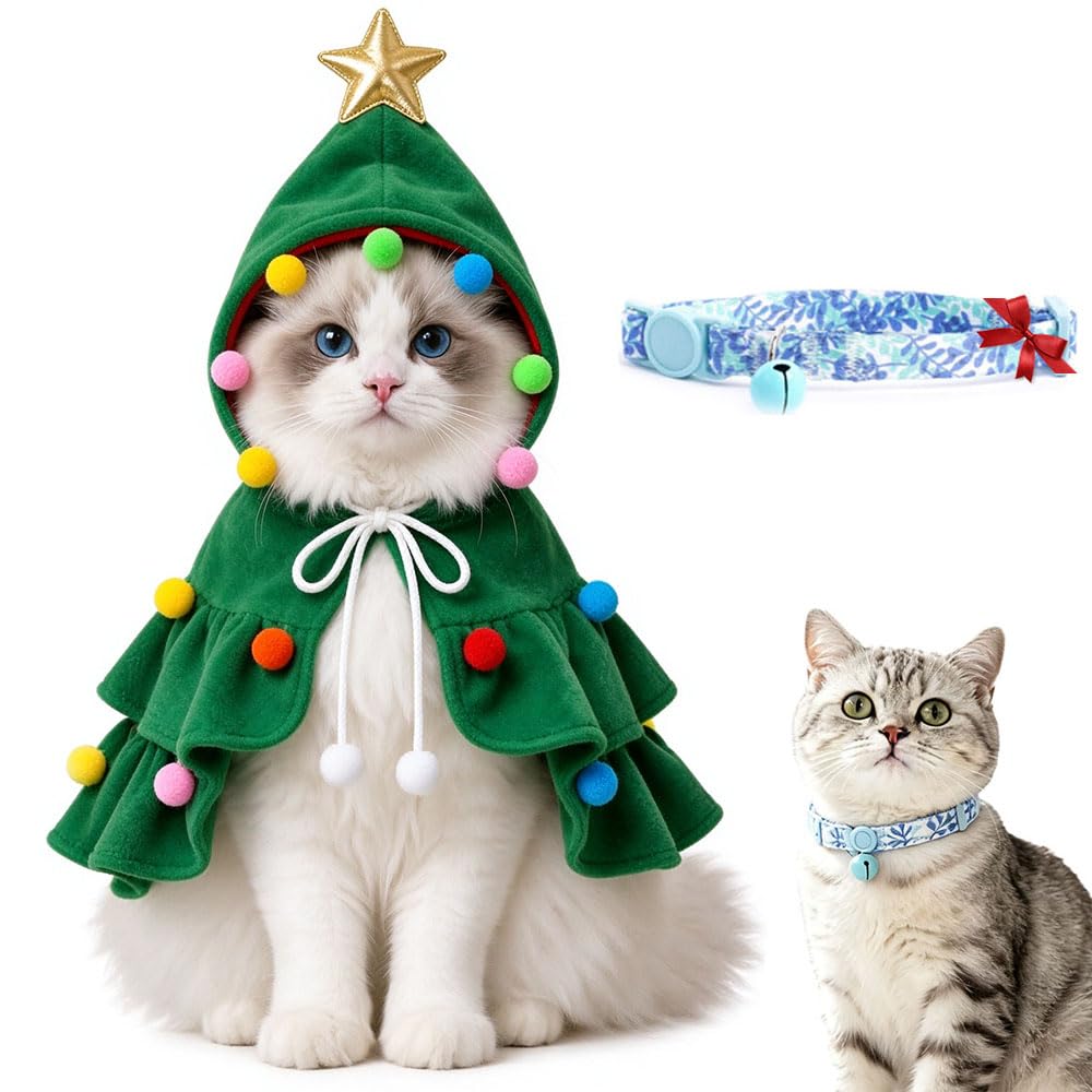 Pet Christmas Tree Hooded Cloak Costume for Cats Small Dogs with a Collar (Christmas Tree with a Collar-Green, S(3-5 lb))