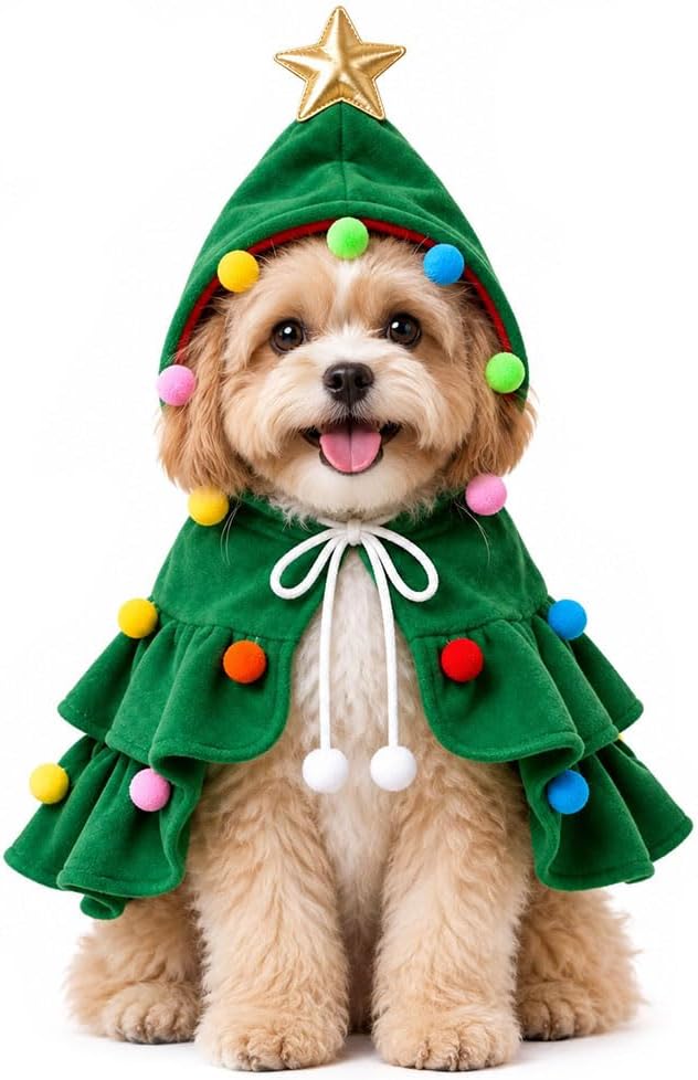 Pet Christmas Tree Hooded Cloak Costume for Cats Small Dogs with a Collar (Christmas Tree with a Collar-Green, S(3-5 lb))