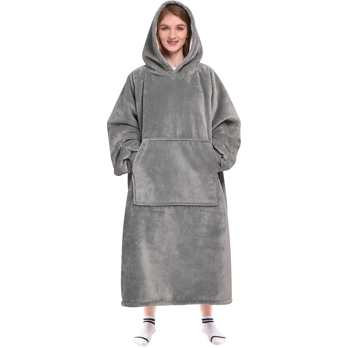 Waitu Wearable Blanket Sweatshirt Gifts for Women and Men, Warm and Cozy Giant Blanket Hoodie, Thick Flannel Hooded Blanket with Sleeves and Giant Pocket - Dark Gray