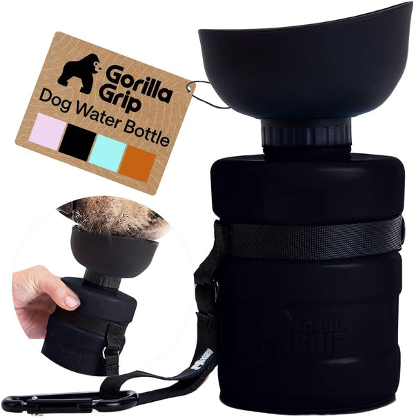 GORILLA GRIP Portable Dog Water Bottle, Food Grade Silicone, 16oz Black