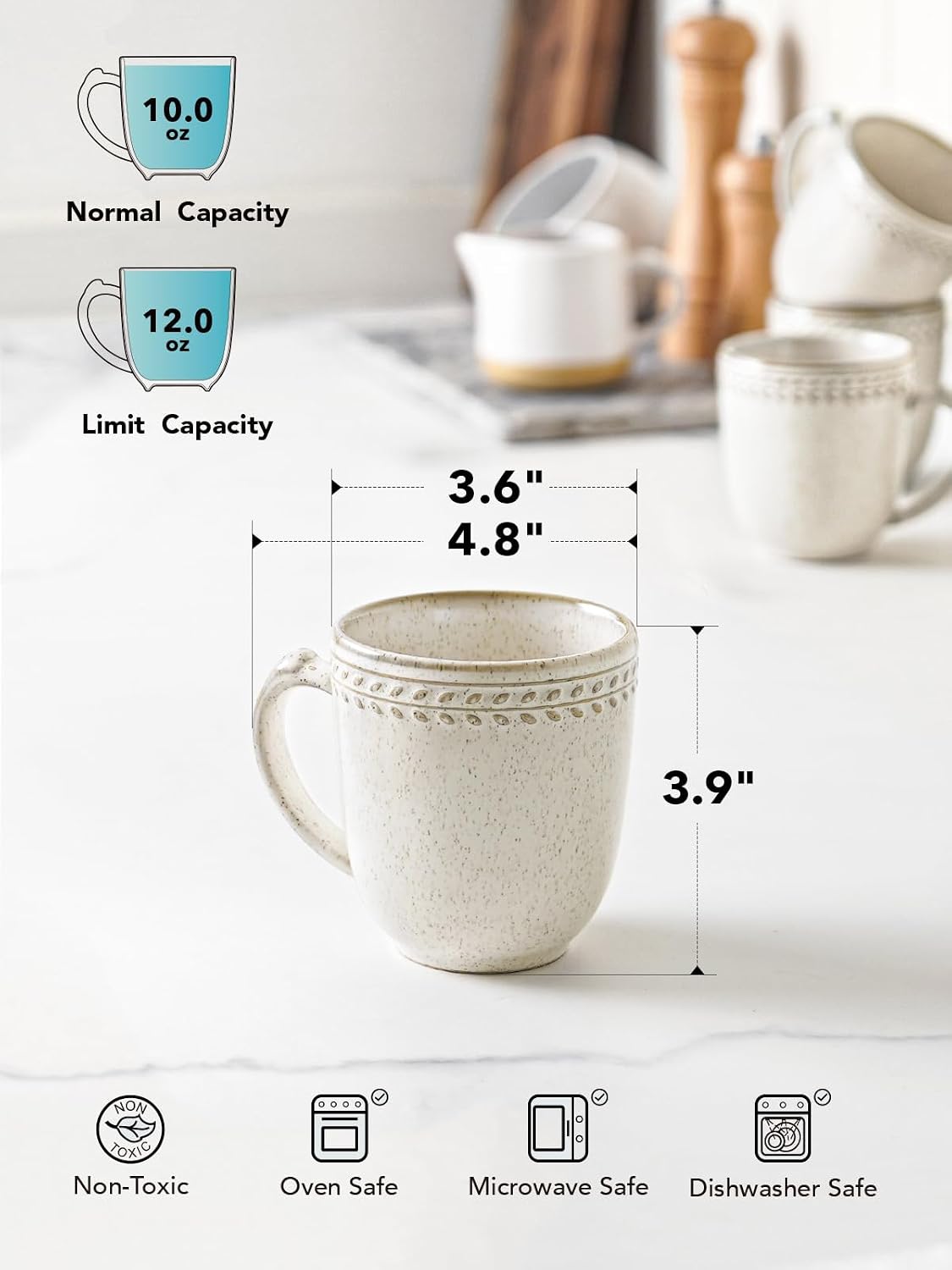 LE TAUCI Coffee Mugs Set of 6, 12 oz Ceramic Coffee Cups with Handle for Latte, Milk, Tea, Cappuccino, Mocha, Cocoa, Microwave Oven Dishwasher Safe - 3.6 inch, Birch