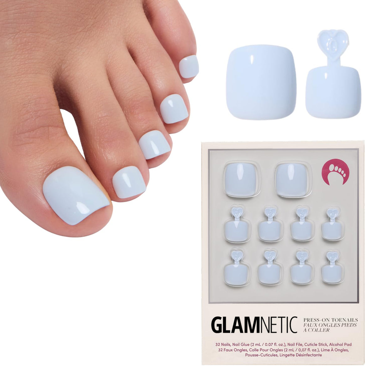 Glamnetic Press On Toenails - Natural Fake Nails | Cherry Red Chrome Press On Toenails, Salon Quality Press On Nails Kit with Glue | Cherry Glaze - 32 Nail Set in 16 Sizes