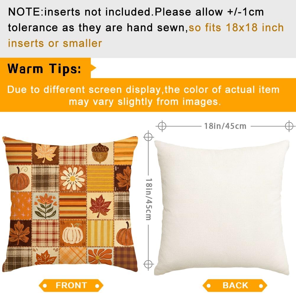 Fall Outdoor Pillow Covers 18x18,Plaid Pumpkin Maple Leaf Decoration