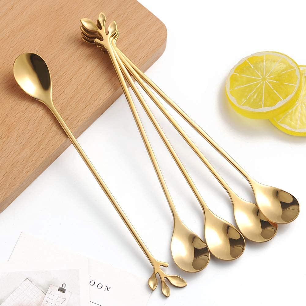 AnSaw 6-Piece Elegant Gold Leaf Long Handle Teaspoons - 7.4"