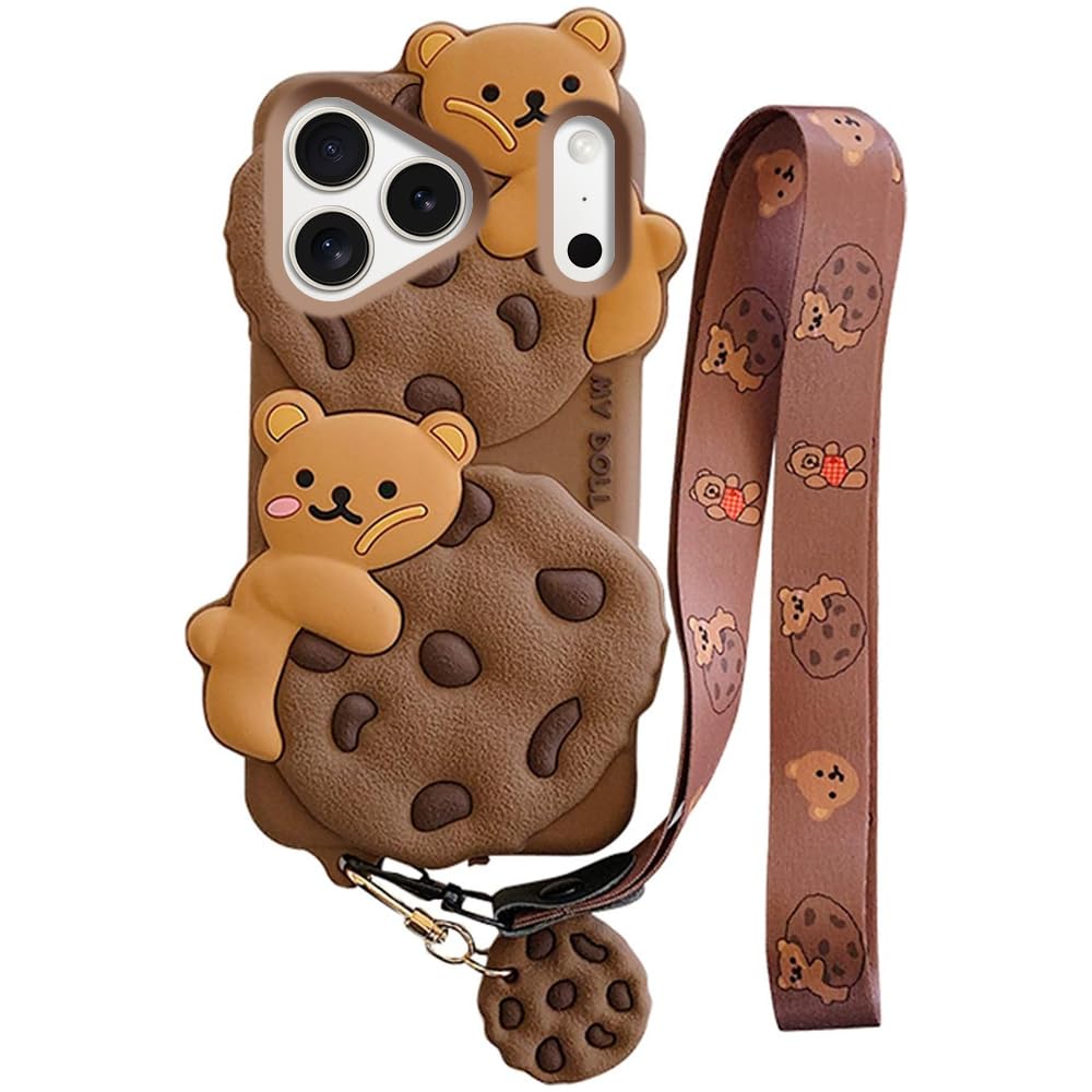 Case for iPhone 11 with Strap Lanyard Keychain Cute Bear Cookie Kawaii Funny Soft Silicone Shockproof Protective Cover for Women Girls