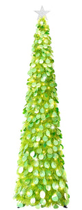HMASYO 6 FT Pop Up Christmas Tree with 100 LED Timer Lights & Remote, Green Christmas Tinsel Tree, Collapsible Artificial Pencil Tree for Home Office Party Decor, USB Powered, Easy Assembly
