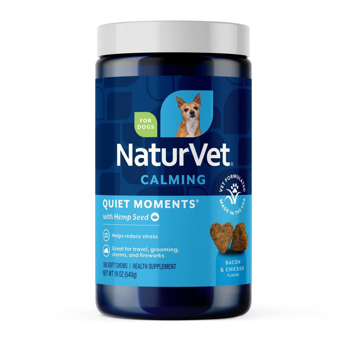 NaturVet Quiet Moments Calming Dog Supplement, Dog Soft Chews with Melatonin to Help Reduce Stress from Storms, the Vet, Fireworks, and Travel, Bacon and Chicken Flavored Pet Supplement, 70 Count Jar