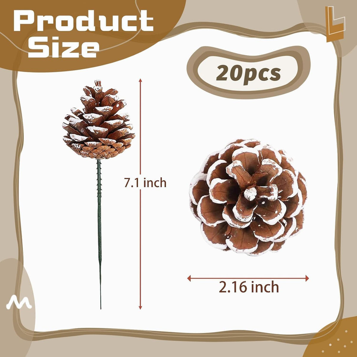 20 Pieces Christmas Pine Cones Decorations Picks, 2 Inch Natural Pine Cones Snow Tipped with Wired Picks White Craft, for Xmas Tree Garland Wreath Ornaments Pinecones Decorating