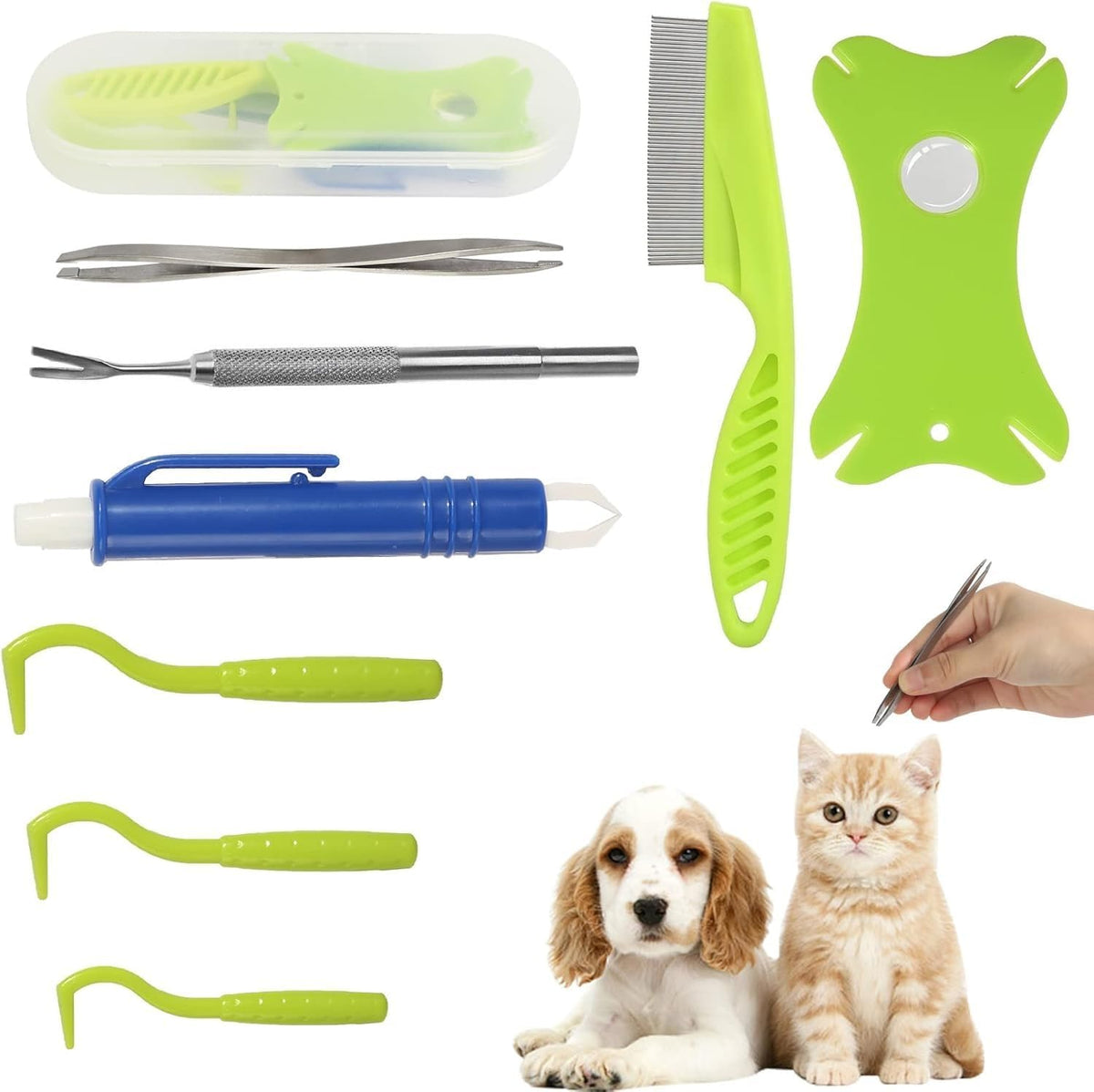 Tick Removal Tool Kit 8-in-1 with Storage Box for Dogs and Cats | Stainless Steel - Tick & Flea Remover Dogs Cats Outdoor - Tick Comb Tweezers Flea Comb Magnifying Glass Storage Box