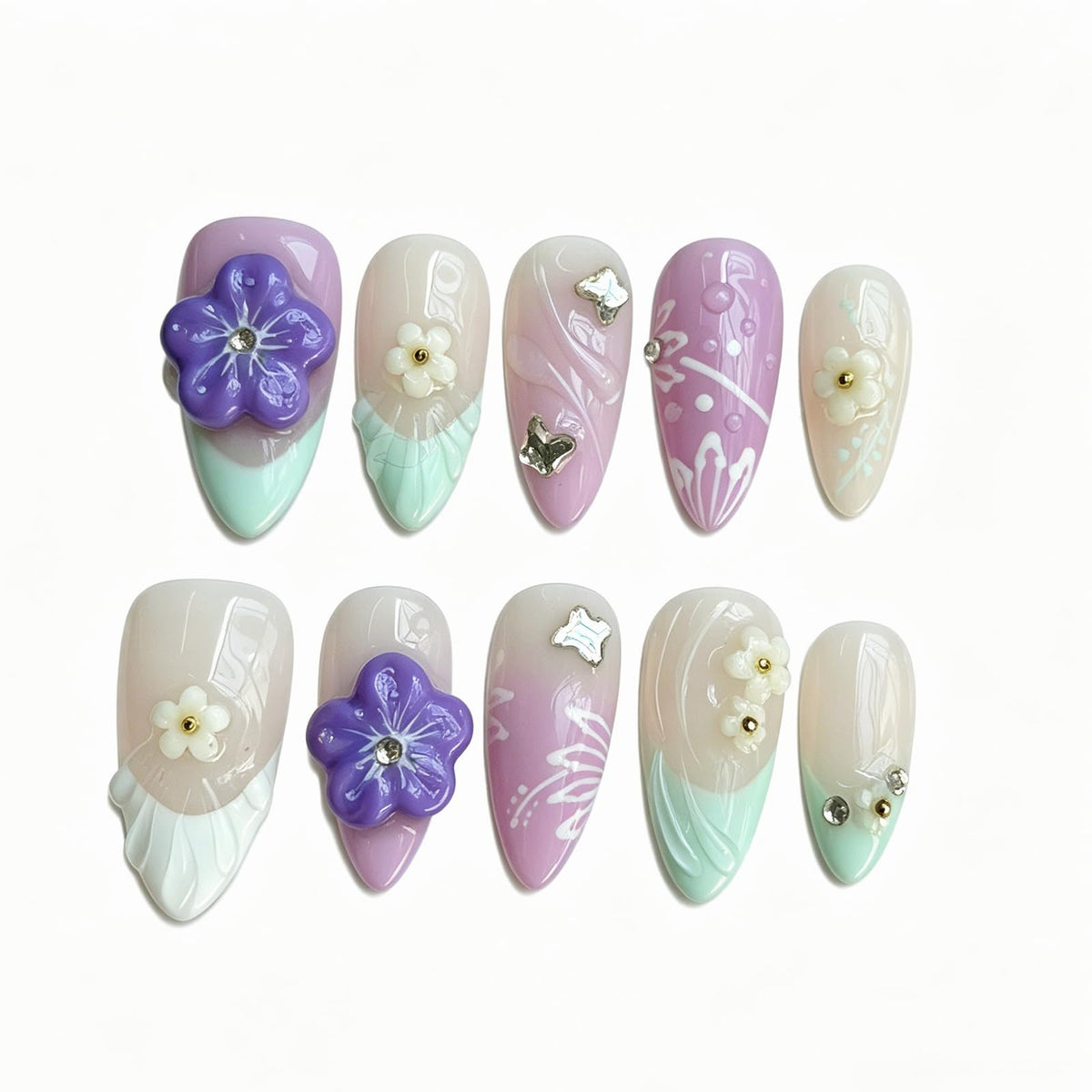 Luxury Handmade Press on Nails - Long Square White French Tips Press on Nail with Almond 3D Rhinestones, Flowers & Butterflies, Acrylic Multi-Layer Gel False Nails for Women (10Pcs Size M)