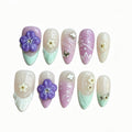 Luxury Handmade Press on Nails - Long Square White French Tips Press on Nail with Almond 3D Rhinestones, Flowers & Butterflies, Acrylic Multi-Layer Gel False Nails for Women (10Pcs Size M)