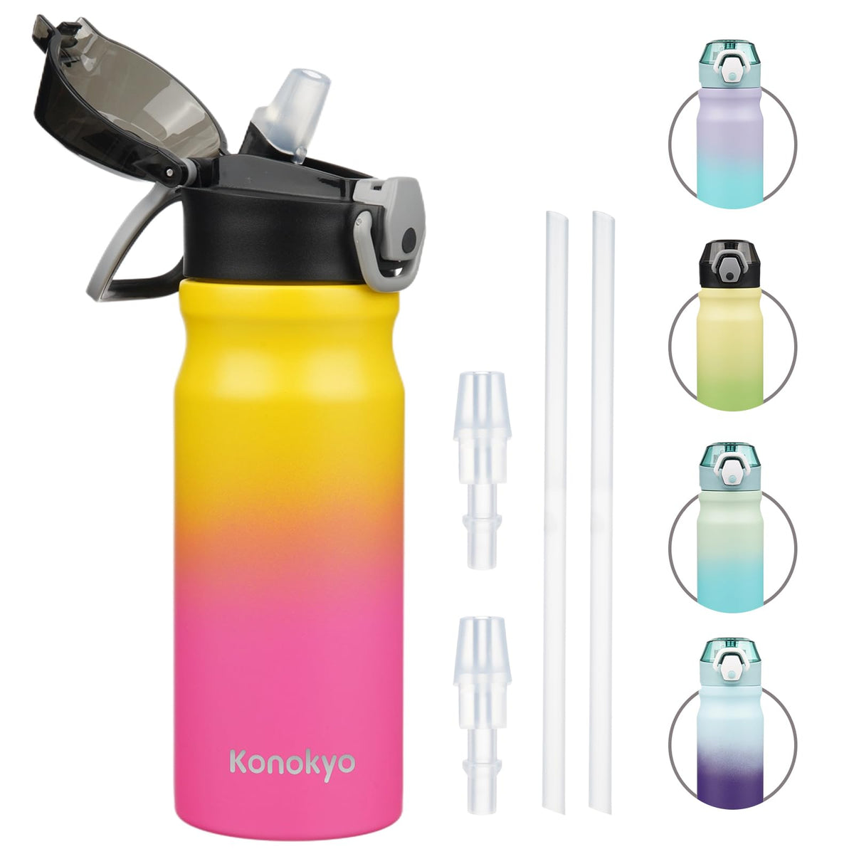 Konokyo 18 oz Insulated Water Bottle with Straw Lid, Stainless Steel Vacuum Sports Water Bottle, Leak-Proof Reusable Metal Flask with Carry Loop, BPA-Free Travel Bottle for Gym, School, Office