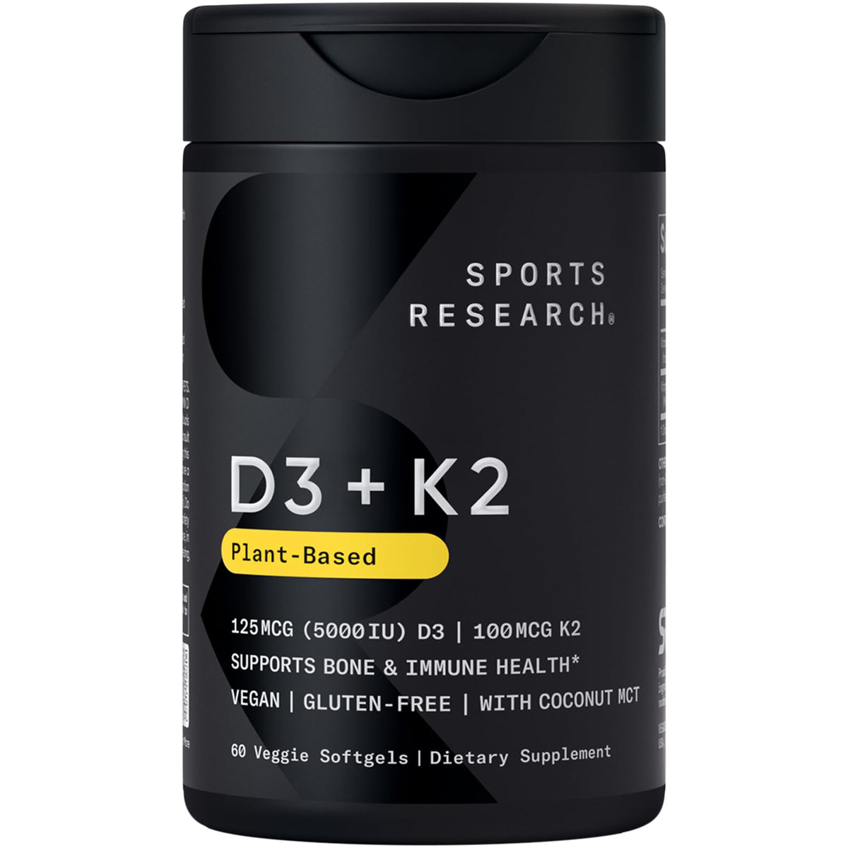 Sports Research® Vitamin D3 + K2 w/Coconut Oil - Vegan Vitamin D 5000iu (125mcg) & Mk7 Vitamin K 100mcg for Bone & Immune Support - Vegan Certified · Non-GMO · Soy Free - 30 Softgels