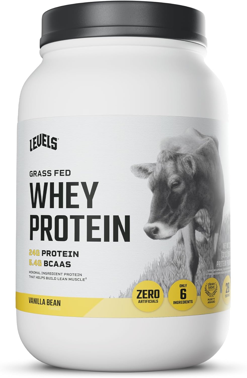 Levels Whey Protein Powder, No Artificial Ingredients, Vanilla Bean, 2LB | 24G of protein and 5.4G BCAAs per scoop, made with hormone-free dairy, zero junk, no fillers, no added sugar, certified clean