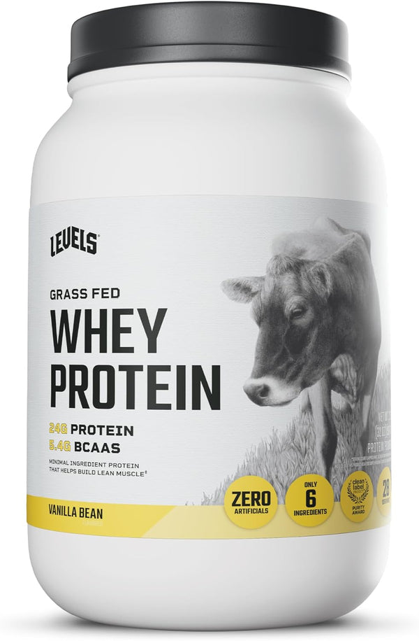 Levels Whey Protein Powder, No Artificial Ingredients, Vanilla Bean, 2LB | 24G of protein and 5.4G BCAAs per scoop, made with hormone-free dairy, zero junk, no fillers, no added sugar, certified clean