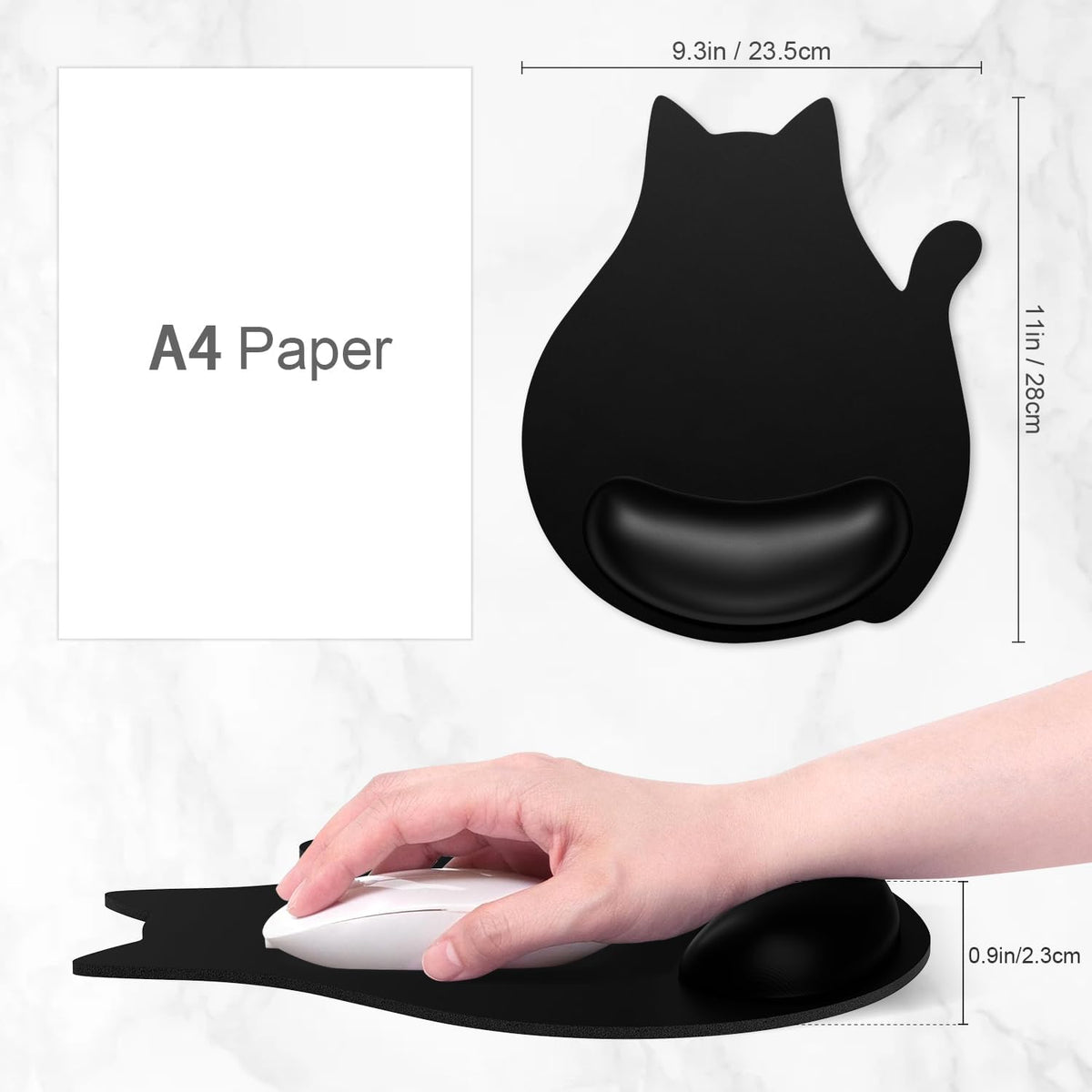 Ergonomic Mouse Pad with Wrist Rest, Cute Cat Memory Foam Padded Pain Relief Non-Slip Wrist Support Mouse Mat for Gaming Work Computer Laptop, Funny Office Supplies Desk Accessory, Jet Black
