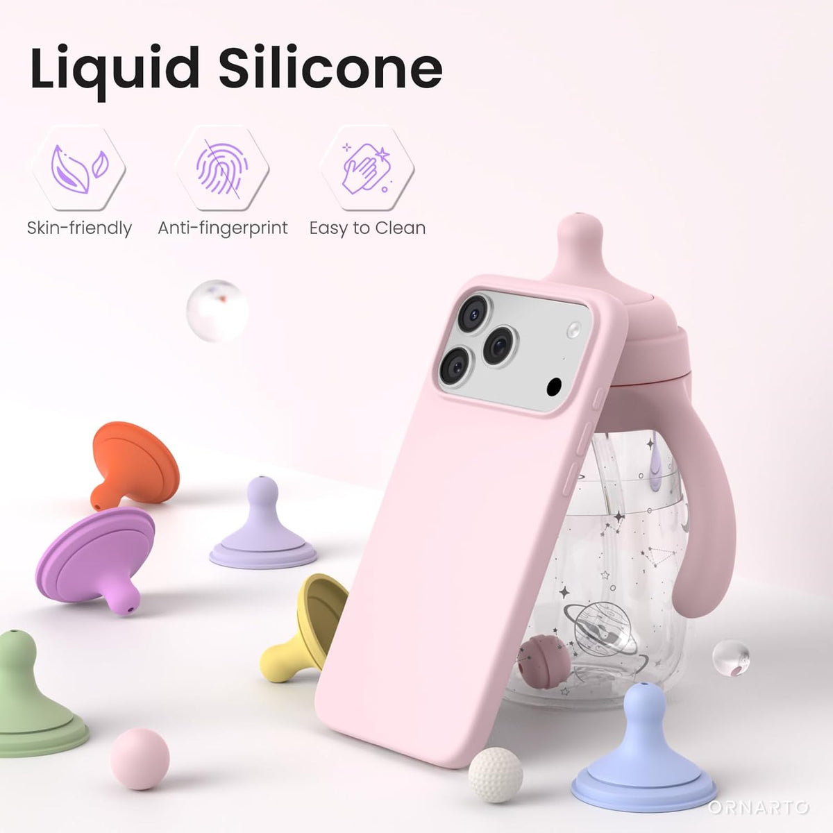 ORNARTO for iPhone 17 Pro Max Case, Liquid Silicone, Chalk Pink