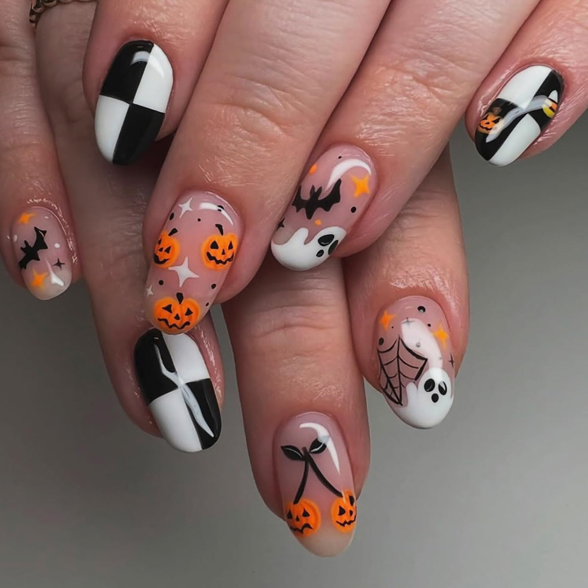 Pink Halloween Press on Nails Long Coffin Fake Nails Cute Ghost Bat Spider Web Design Glossy Acrylic Nails Reusable Stick on Nails Full Cover Artificial Nails Halloween Costume Party Daily Nail Decor