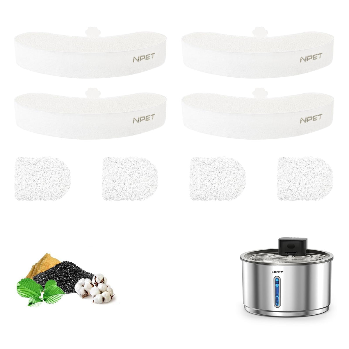 NPET Upgraded Design 4 Pack Replacement Filters for WF050/WF100 Cat Fountain and WF210 Stainless Steel Pet Water Dispenser