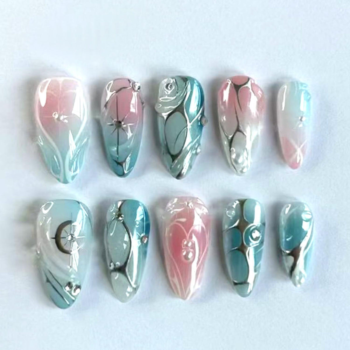 Stilettos Press on Nails White French Tip False Nails Glossy Extra Long Natural Glue on Nail Reusable Artificial Acrylic Stick on Nail for Women